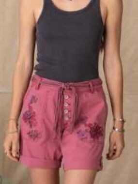 Sundance Embroidered raspberryButton-Front BOHO Shorts with Braided Tassel.